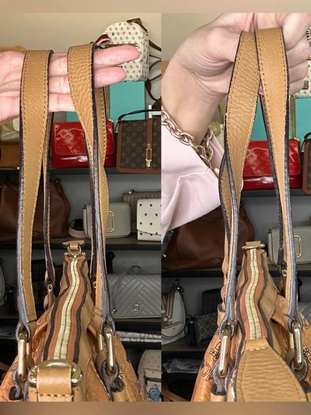 MCM Cognac Visetos Logo Buckle Tote with Gold Plate - Picture 11 of 14